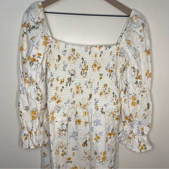 Reformation White Dress Size Large Floral Mini Dress Smocked Top 100% Linen - Picture 2 of 6